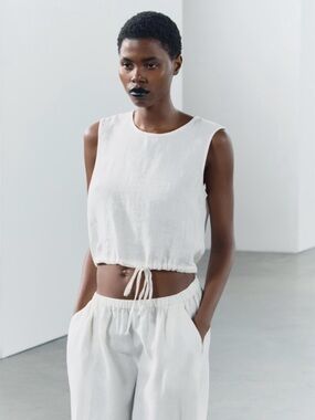 Zara New Linen Crop Top in White from their ZW Collection NWT